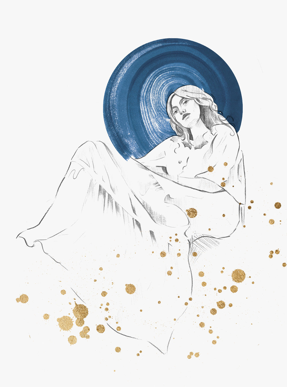 Renaissance Inspired Female Figurative Artwork Blue and Gold Wall Art Print 'Moon Dust'