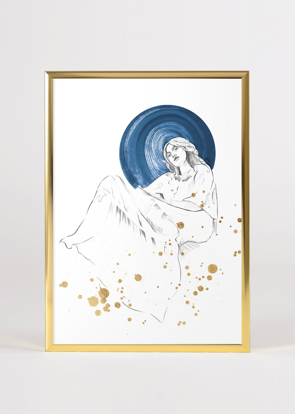 Von der Renaissance inspiriertes weibliches figuratives Kunstwerk Blau und Gold Wandkunstdruck 'Mondstaub'