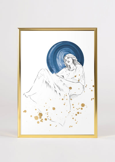 Renaissance Inspired Female Figurative Artwork Blue and Gold Wall Art Print 'Moon Dust'