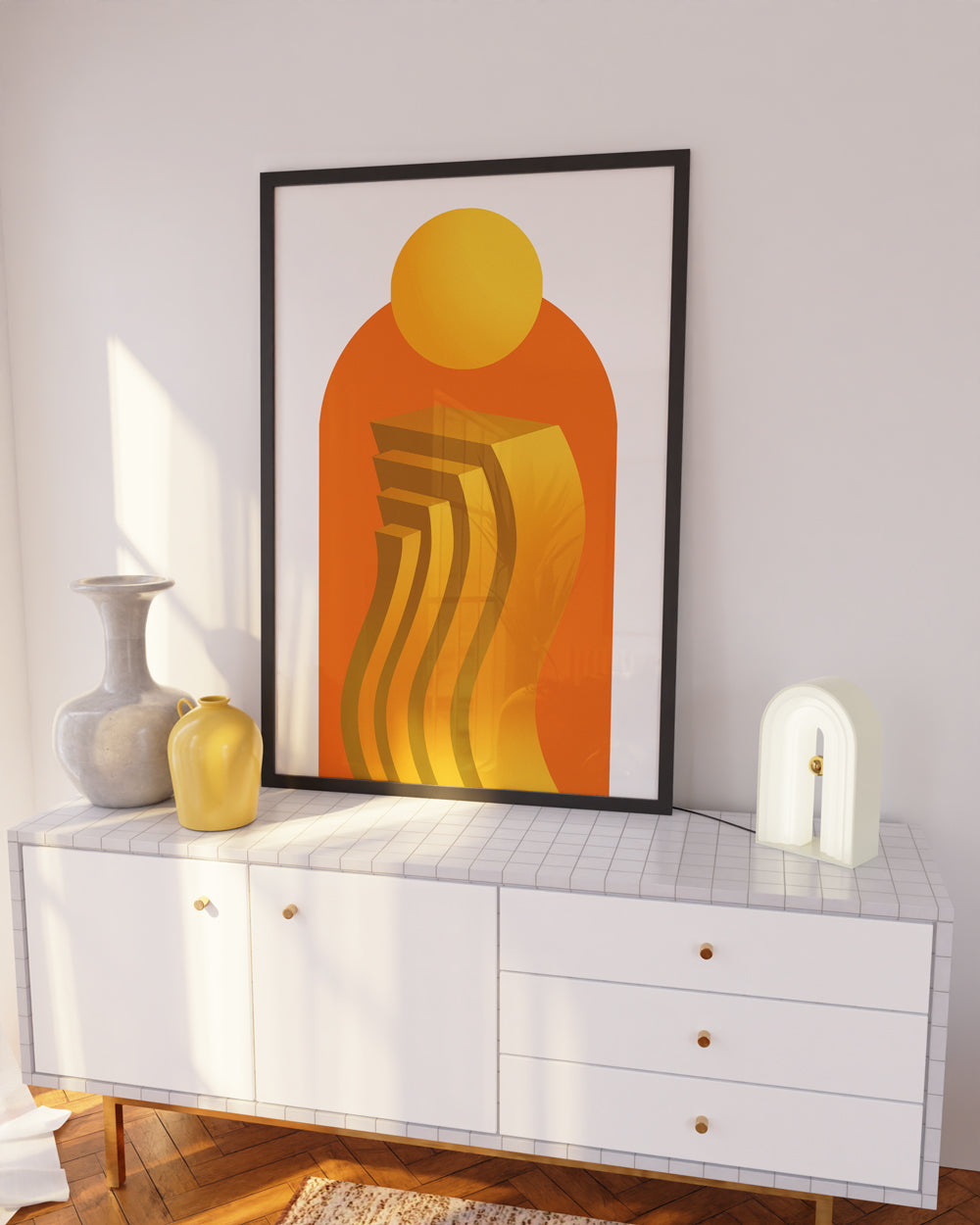 Abstraktes Kunstwerk futuristischer moderner Surrealismus Architektur Wand Kunstdruck 'Sonnengruß'