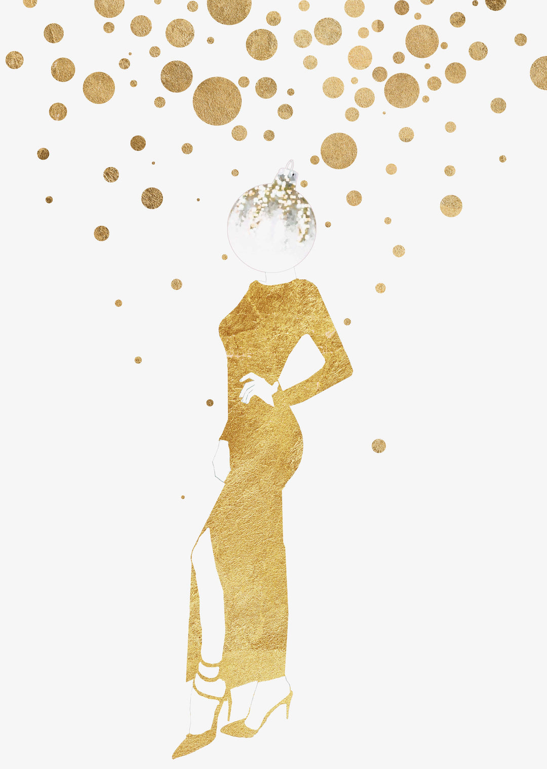 Festlicher Mode-Illustrations-Wand-Kunstdruck, goldener Kugelkopf, moderne und stilvolle Weihnachtsdekoration, alternative Weihnachtsdekoration