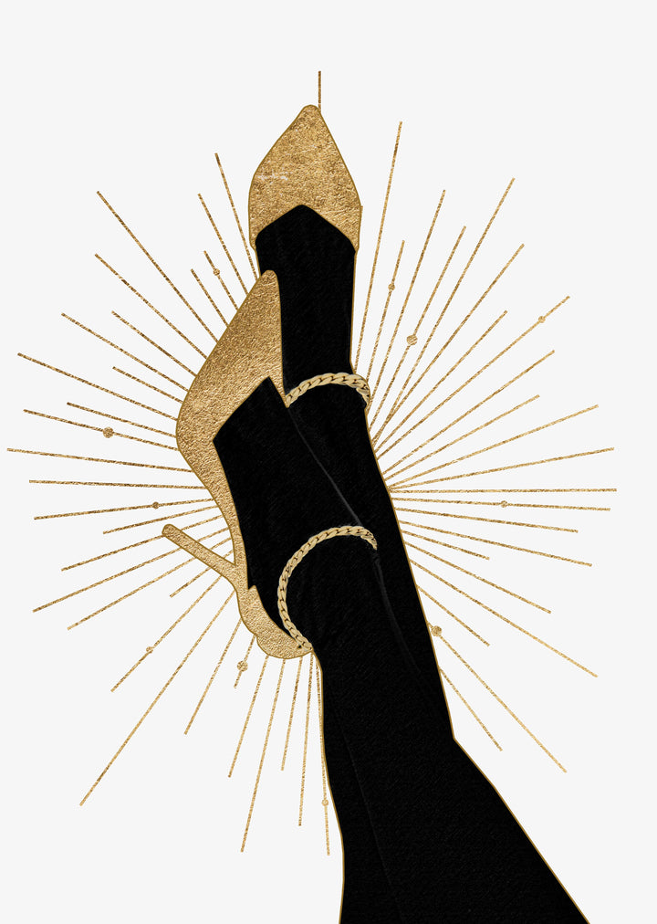 Gold Fashion Shoes Wall Art Print , Contemporary and Stylish Christmas Decoration Alternative Xmas Decor