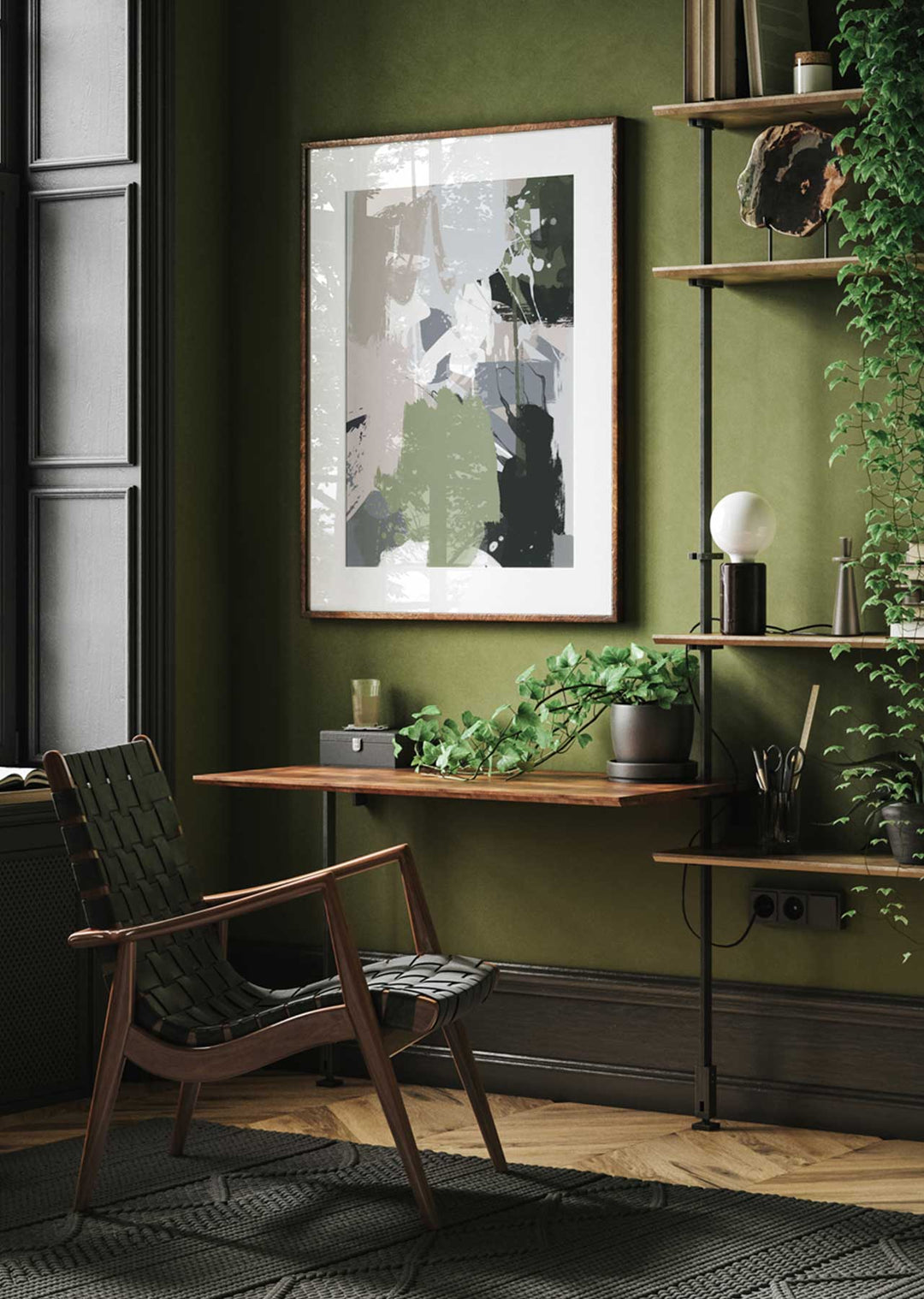 Großer abstrakter Wandkunstdruck in Grün, Grau und Beige