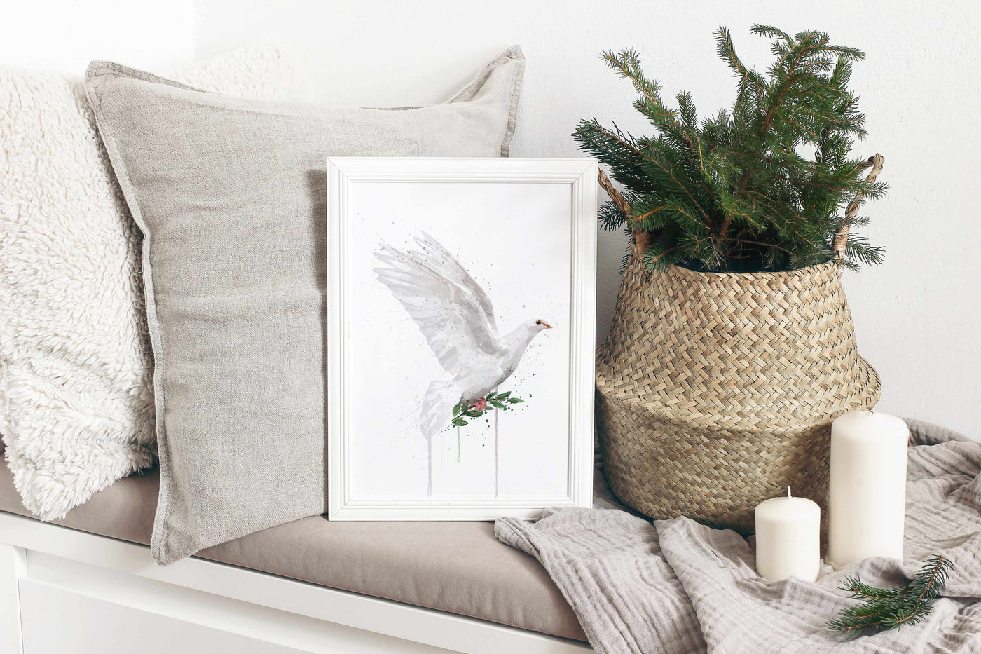 Christmas Dove Wall Art Print, Contemporary and Stylish Christmas Decoration Alternative Xmas Decor